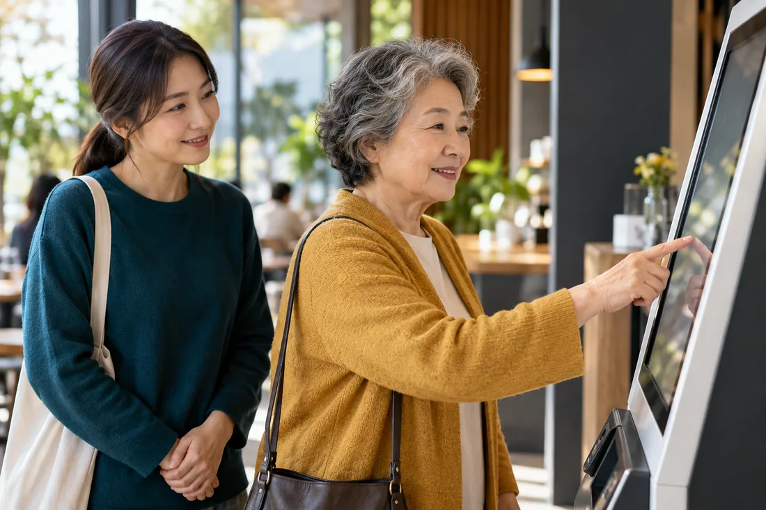 직접 선택하는 시니어 옆에서 기다리는 동행자의 생성 연출 사진